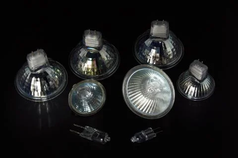 Different types of halogen lamps - close-up on black background 写真素材