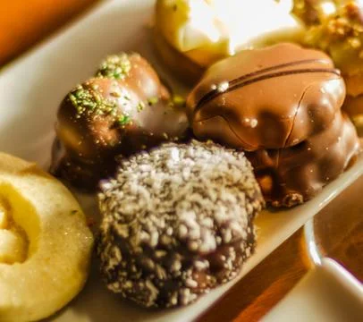 Different types of handmade cookies with different toppings, sweet snack Stock Photos