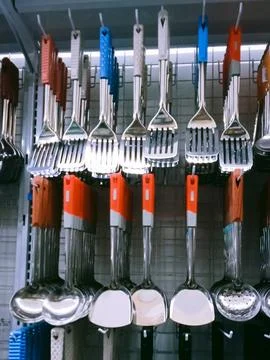 Different types of hanging kitchen appliances Stock Photos