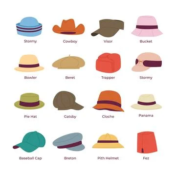 Different types of hat types set. Headgear collection, labeled stormy, cowb.. Ilustración de archivo