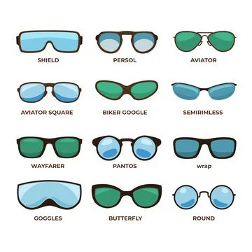 Different types of hat types set. Eyewear collection, labeled shield, perso.. Illustrazione stock