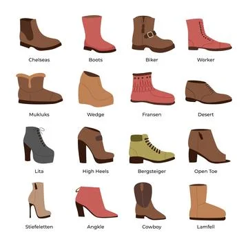Different types of hat types set. Footwear collection, labeled chelseas, bi.. Stock Illustration