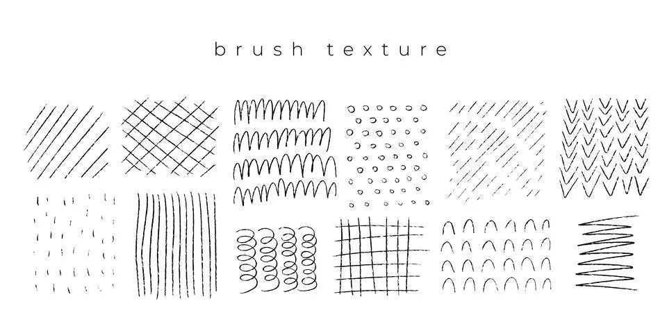 Different types of hatching, hand drawn textured patterns. thin brush rough Stock Illustration