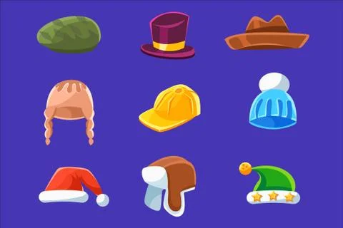 Different Types Of Hats And Caps, Warm Classy For Kids Adults Set Cartoon Ilustración de archivo
