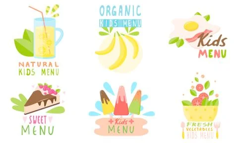Different types of healthy menu for children with titles for restaurants Stock Illustration