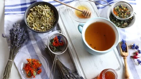 Different types of  herbal teas. Top view. Rotate	 Stock Footage 321934360