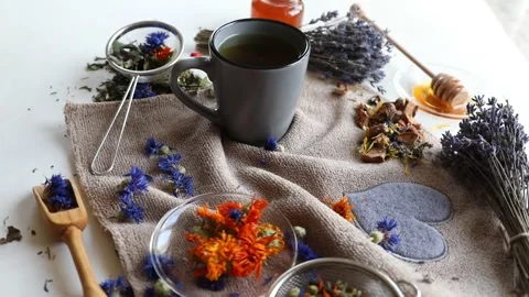 Different types of  herbal teas. Top view. Rotate	 Stock Footage 321934363