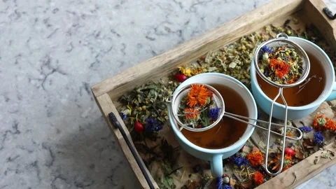 Different types of  herbal teas. Top view. Rotate	 Stock Footage 321934367
