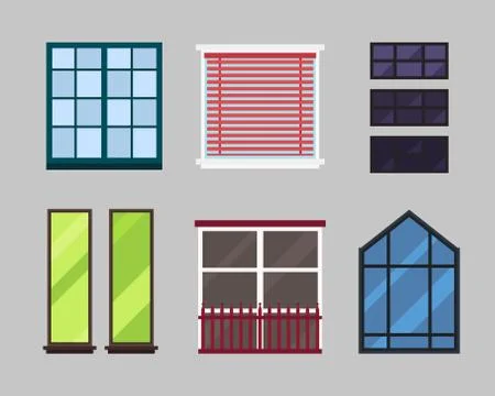 Different types house windows elements isolated set flat style frames domestic Stockillustratie