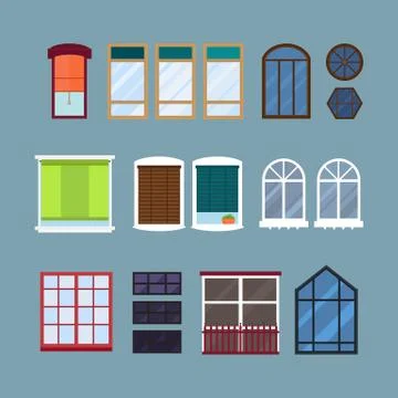 Different types house windows elements isolated set flat style frames domestic Illustrazione stock