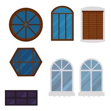 Different types house windows elements flat style glass frames construction Stock Illustration
