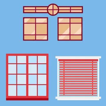 Different types house windows elements flat style glass frames construction Stock Illustration