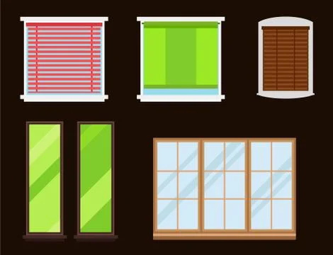 Different types house windows elements flat style glass frames construction Stock Illustration