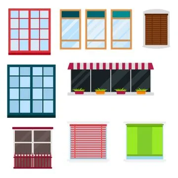 Different types house windows elements flat style glass frames construction イラスト素材