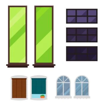 Different types house windows elements flat style glass frames construction 스톡 일러스트