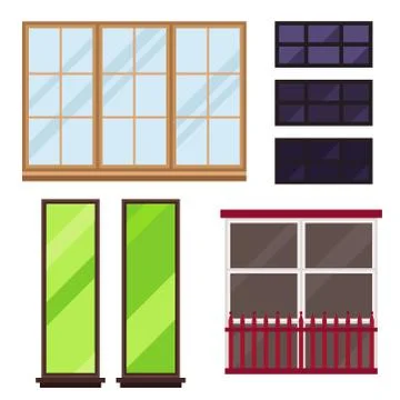 Different types house windows elements flat style glass frames construction Stock Illustration