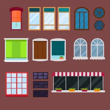 Different types house windows elements flat style glass frames construction Stock Illustration