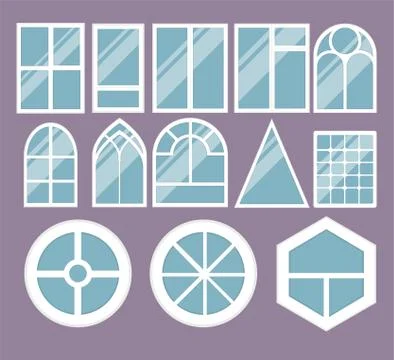 Different types house windows elements flat style glass frames construction 스톡 일러스트