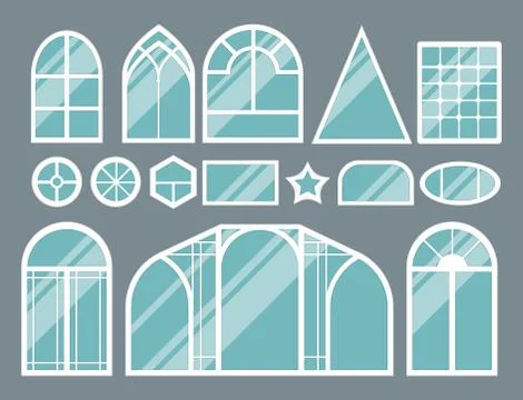 Different types house windows elements flat style glass frames construction Stock Illustration