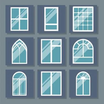Different types house windows elements flat style glass frames construction イラスト素材