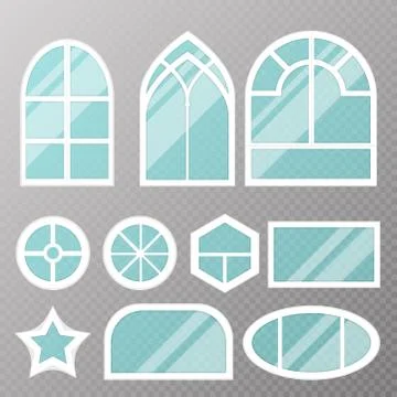Different types house windows elements flat style glass frames construction Stock Illustration