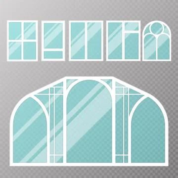 Different types house windows elements flat style glass frames construction Stock Illustration