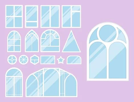 Different types house windows elements flat style glass frames construction Stock Illustration