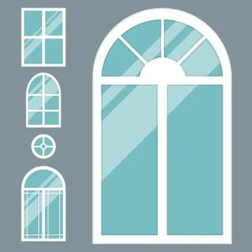 Different types house windows elements flat style glass frames construction Stock Illustration