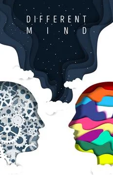 Different types of human mind vector poster. Paper cut man head silhouettes with イラスト素材