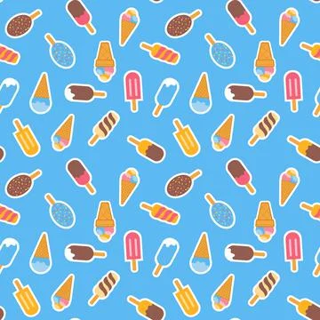 Different types of ice cream on blue background seamless pattern Stock Illustration