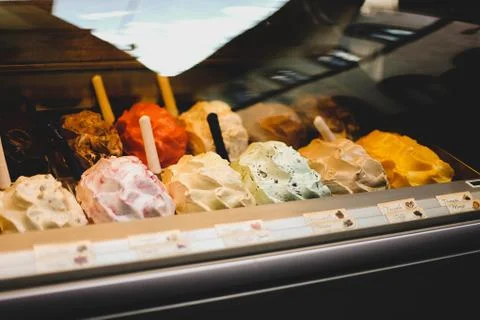 Different types of ice cream in the store Stock Photos
