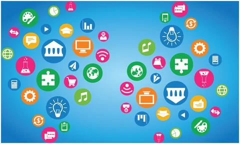 Different types of icon in various color on abstract background Illustrazione stock