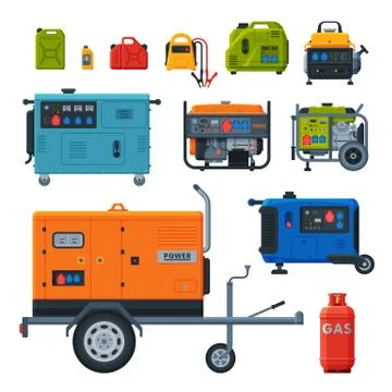 Different Types of Industrial Power Generators Set, Propane Gas Cylinder, Fuel Stock Illustration