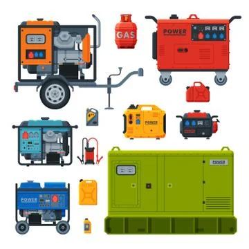 Different Types of Industrial Power Generators Set, Propane Gas Cylinder, Fuel 스톡 일러스트