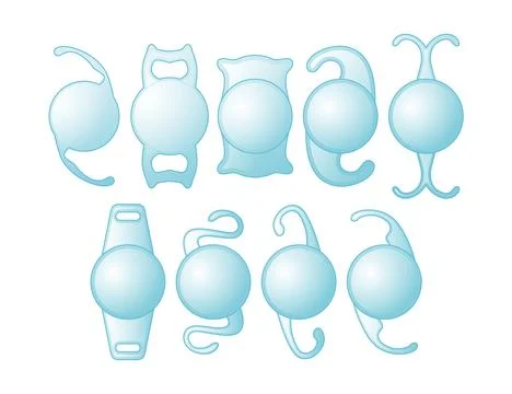 Different types of intraocular lens IOL set collection, artificial lens, Ca.. Stock Illustration