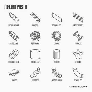 Different types of Italian pasta for menu of restaurant or cafe. Stock Illustration