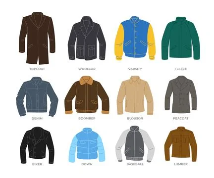 Different types of jacket types set collection, set of leather jackets main.. Stock Illustration