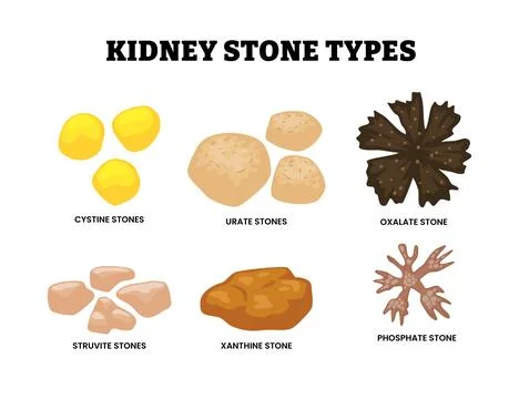 Different types of kidney stone types set collection. Labeled cystine, urat.. Stock Illustration
