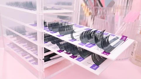 Different types of lashes for classic, volume, and hybrid extensions. Stock Photos