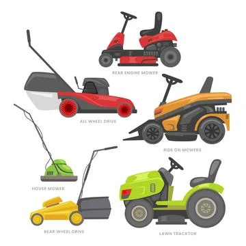 Different types of Lawn Mower Set Collection, Rear Engine Mower, Lawn Tract.. Stock Illustration