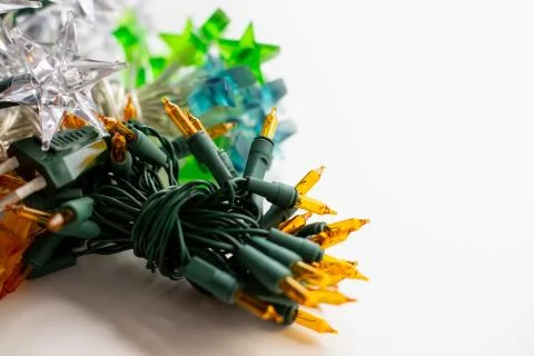 Different types of lights for a Christmas tree on a white background Stock Photos