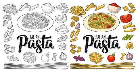 Different types macaroni and ITALIAN PASTA lettering. Vector engraving Stockillustratie