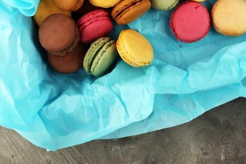 Different types of macaroons or macarons in a box Stock Photos