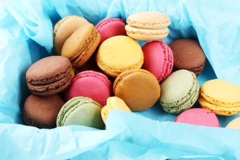 Different types of macaroons or macarons in a box Stock Photos