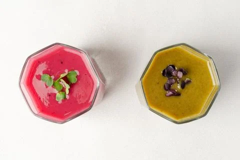 Different types of microgreens smoothie as a snack for healthy eating. Close up Stock Photos