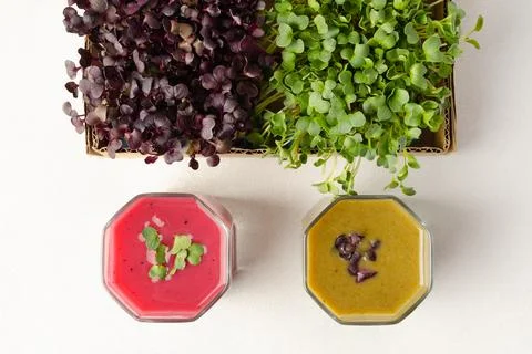 Different types of microgreens smoothie as a snack for healthy eating. Close up Stock Photos