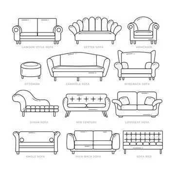 Different types of modern sofa types doodle outline couch with line art,sof.. Stock Illustration