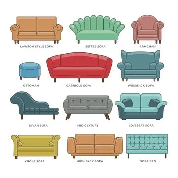 Different types of modern sofa types couch with line art, Collection of sof.. Stock Illustration