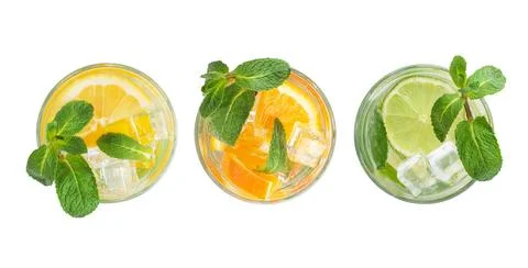 Different types of mojitos in glass glasses on a white background. View from  Stock Photos