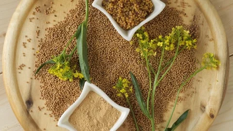 Different types of mustard rotating on wooden board Stock Footage 344915429